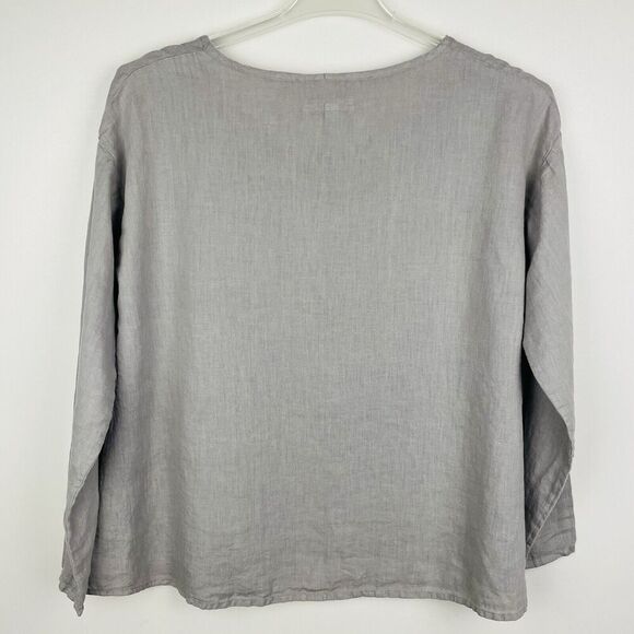 FLAX 100% Linen Scoop Neck Top Women's XS Gray Oversized Lagenlook Minimalist - Picture 2 of 9